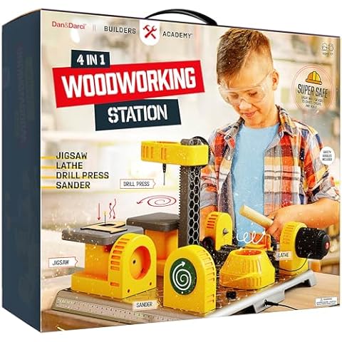 4 in 1 Woodworking Station for Kids - Wood Building Projects Kit for Boys - Real Construction Tools Sets - Boy Tool Set - Easter Gifts for Boy Age Year Old - Cool STEM Toys Kits Birthday Gift Ideas Cover