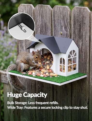 NiHome Outdoor Metal Squirrel Feeder Hanging House, Tree Mounted Squirrel Feeder Large Capacity, Weather Resistant with Acrylic Front, Tree Hanging Food Station for Patio, Backyard and Garden