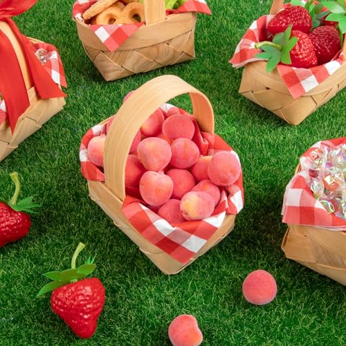 PCTCSHQ 6 Pcs Mini Woven Baskets with Handles 20 Sheets Red Gingham Paper Napkins Wood Chip Small Flower Fruit Picnic Baskets for Wedding Party Favors Farmhouse Decor