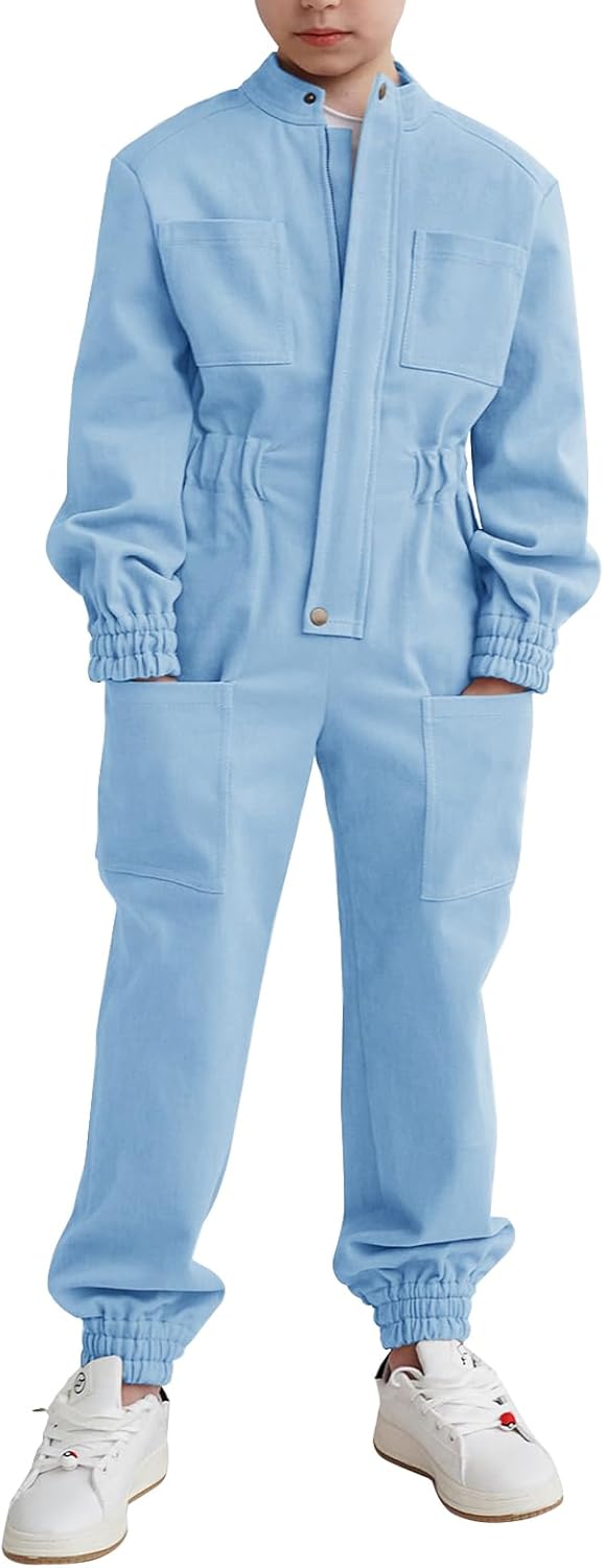 Haloumoning Kids Coveralls Boys Long Sleeve Jumpsuit Zip Up Flight Suit with Pockets 5-14 Years