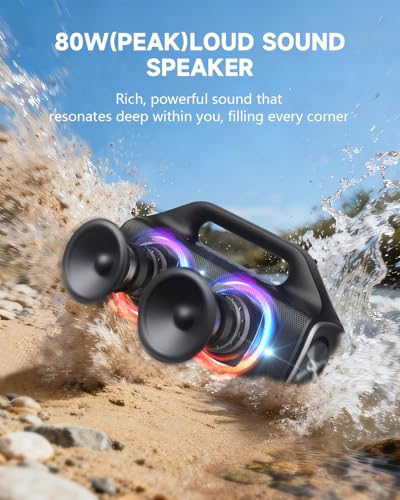 Image of IP67 Waterproof Bluetooth Speaker:80W(Peak) Loud Outdoor Portable Wireless Party Speakers with LED Lights,20H Playtime,Bluetooth 5.3,Deep Bass & TWS for Pool,Beach (Black)