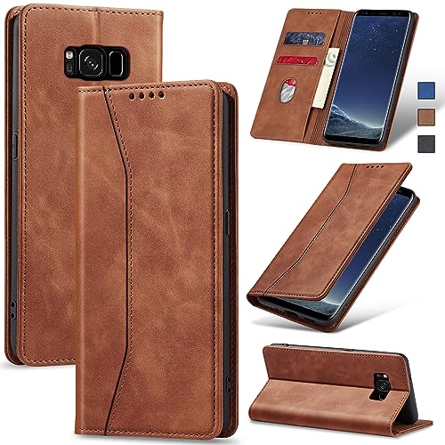 Image of Jasonyu Mobile Phone Case for Samsung Galaxy S8 Leather Flip Foldable Shockproof Magnetic Premium PU Leather Stand Function Card Slots Protective Flip Case for Samsung S8, Brown