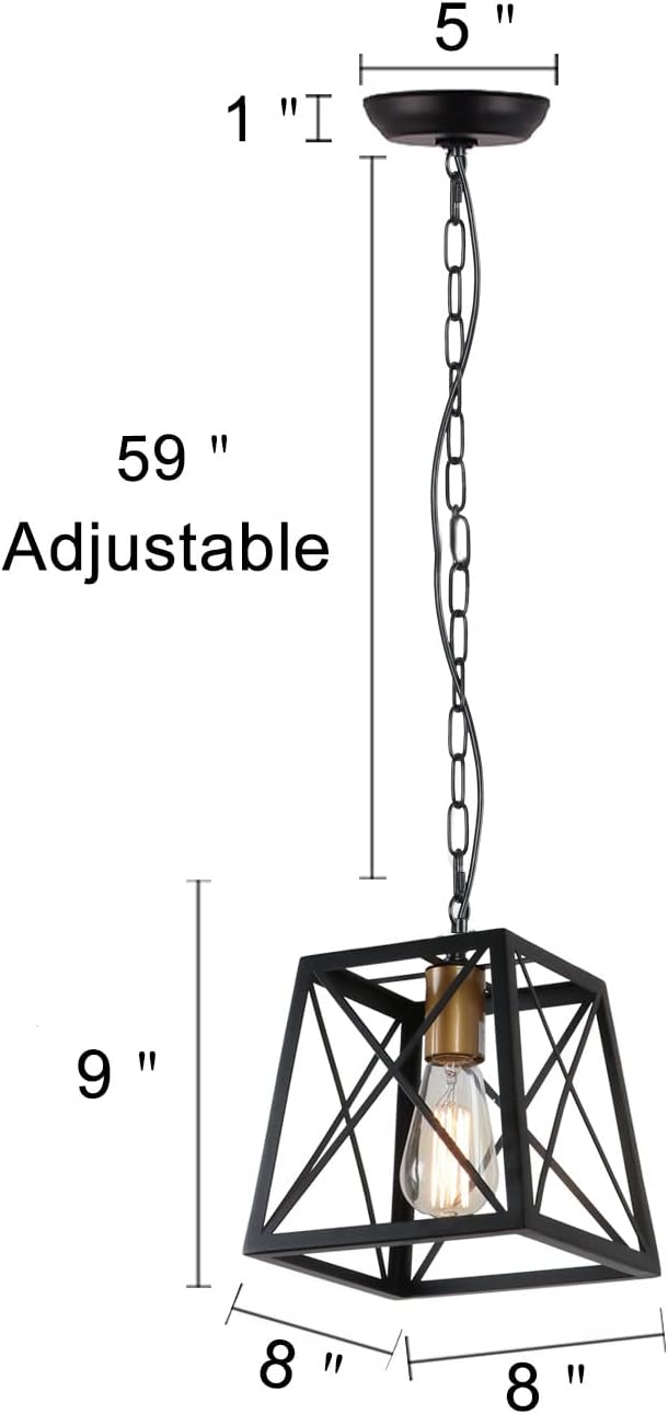 Metal Pendant Light, 1-Light Industrial Chandelier Trapeziod Lighting Fixture with Adjustable Hanging Rod for Kitchen Island Dining Room P0084