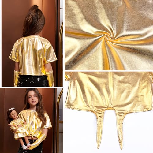 Image of Perfashion Girls Metallic Shirts Shiny Tie Front Knot Crop Top with Arm Sleeves for Dancing Raves Festivals 4-15 Years