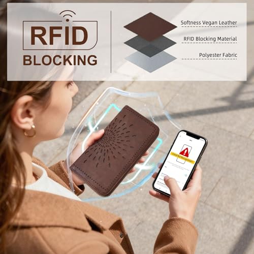Image of APHISON Wallet Women Large Capacity Clutch Purse For Ladies Card Holder RFID Wristlet Phone Zipper Coin Travel Pocket, 01-coffee, 8.2 inch x 4.33 inch x 1 inch