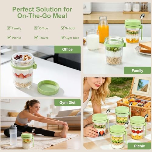 Image of 6 Pack Green Overnight Oats Containers with Lids & Spoon - 16 oz Glass Mason Jars with Separate Divider Leakproof Sugar Packet Holders Chia Yogurt Parfait Cups for Oatmeal Cereal Meal Prep