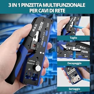 YGiTK Pinza Crimpatrice RJ45 CAT7 Professionale con 50 Connettori Schermati, Testatore Ricaricabile e Design Foro Passante - Kit Completo per Cavi Ethernet 10Gbps, Scatola Portatile Inclusa