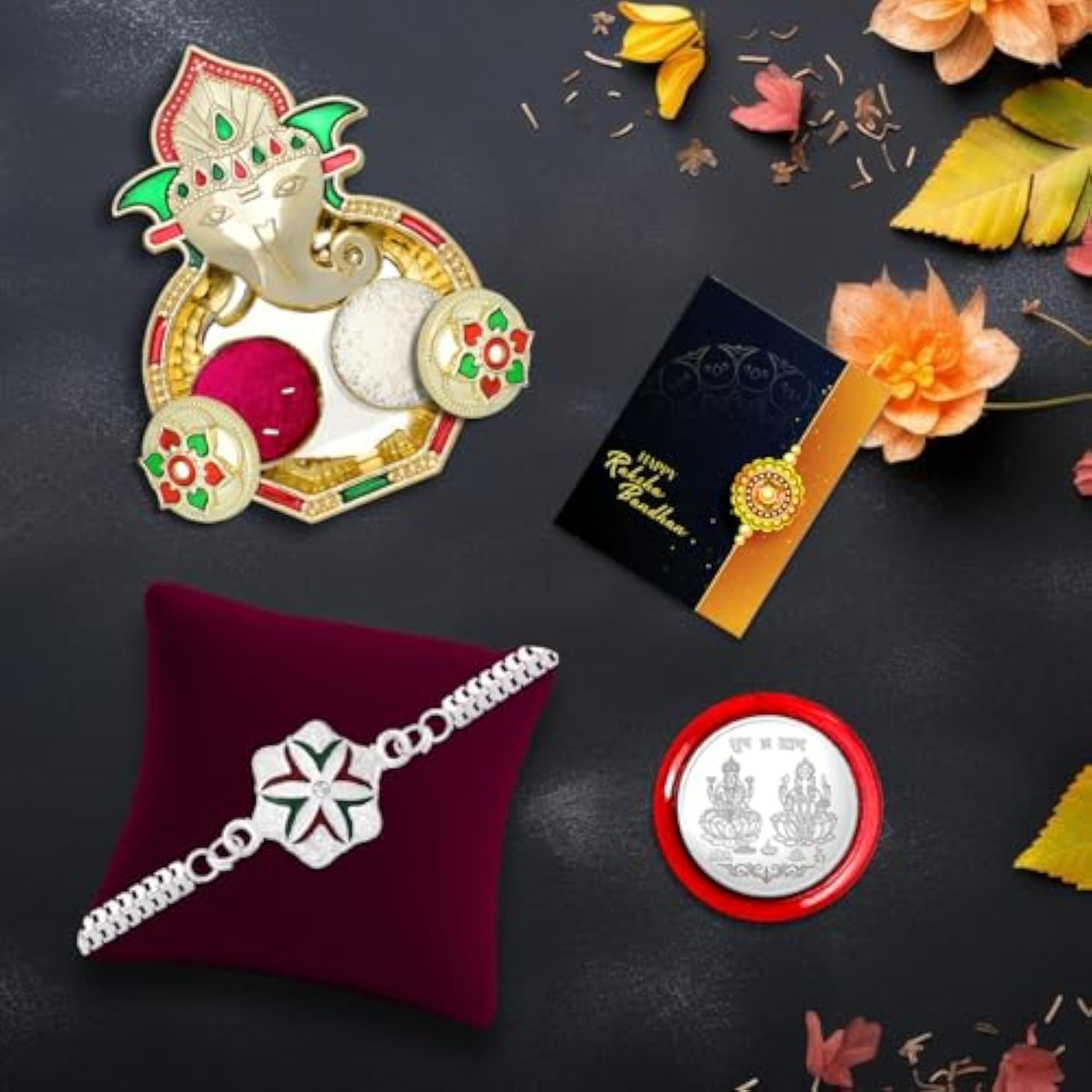 Silver Colour Star Rakhi with Pooja Coin & Greeting Card