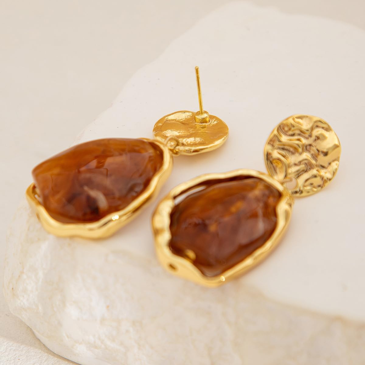 Vivian&CD 14K Gold Dainty Chunky Statement Crystal Drop Dangle Earrings for Women, Brown Amber Drop Irregular Design Hypoallergenic Lightweight Vintage Earrings Jewelry Gift - Image 4