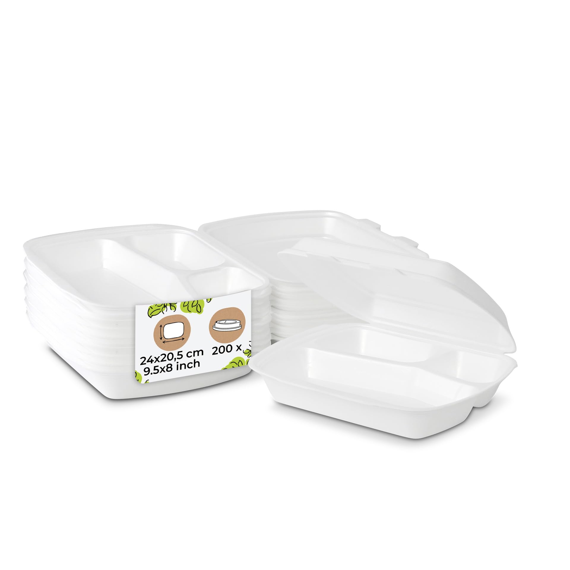 menu box 3 scomparti 200 pz 24 x 20,5 x 7 cm HP4/3 rettangolari bianche - XPS espanso - contenitori per insalata da asporto, box termiche per alimenti, vaschette monouso con coperchio