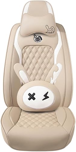 Miniatura 3 de Juego de 5 fundas de asiento de conejito con piel sintética impermeable para autos, SUV, camionetas, ajuste universal (beige)