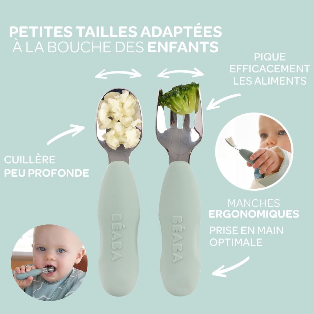 BÉABA, Lot de 2 couverts en acier inoxydable et silicone pour bébé à partir de 10 mois - Forme ergonomique - Poignée ergonomique - Couverts d'apprentissage pour bébé - Vert sauge