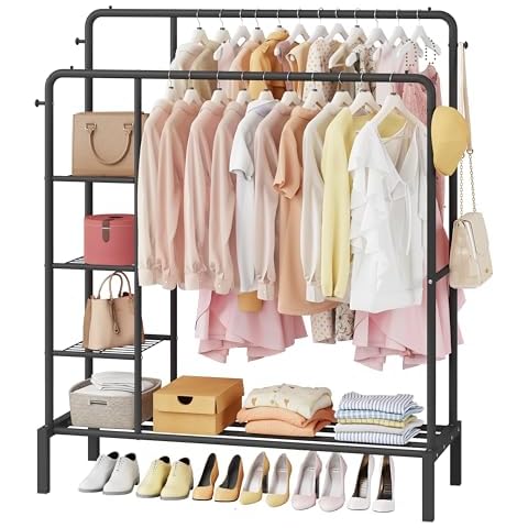JOISCOPE 47'' * 65'' Heavy Duty Clothes Rack, Double Rods Clothing Racks for Hanging Clothes, Garment Rack with 4 Tier Closet Shelves & 4 Hooks for Clothing Storage, Metal Black Clothing Rack Cover