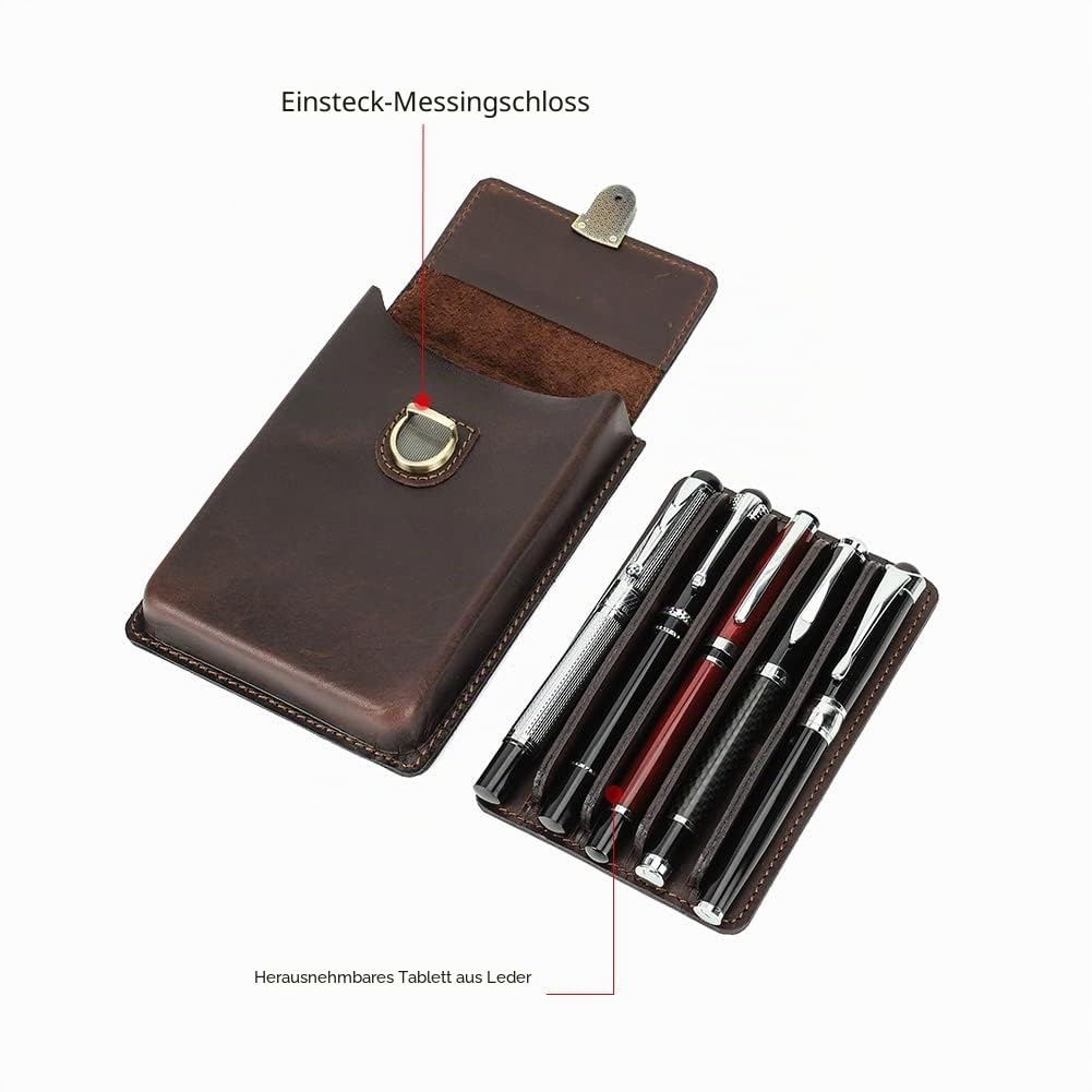 Hiram Federmäppchen aus Lederaus Leder für 5 Füllfederhalter Tragbar Echtes Leder Aufbewahrungsetui für Füllfederhalter mit Gesichertem Messingverschluss und Stiftablage-Design (Kaffee)