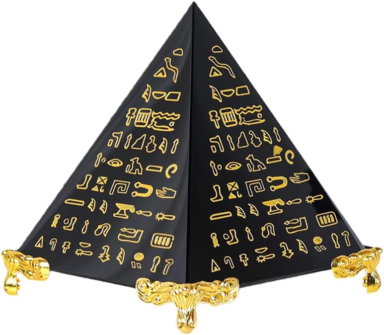 Collectible Figurines – Handcrafted Black Obsidian Pyramid Sculpture, Intricately Carved with Ancient Scriptures, Elegant Home Decor & Thoughtful Creative Gift (1pc)