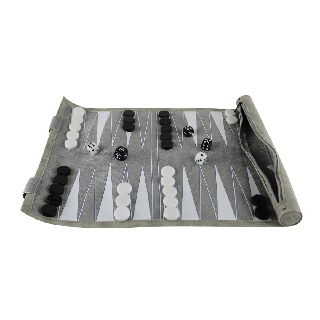 Set di backgammon arrotolabile da viaggio, 33 cm, colore: grigio
