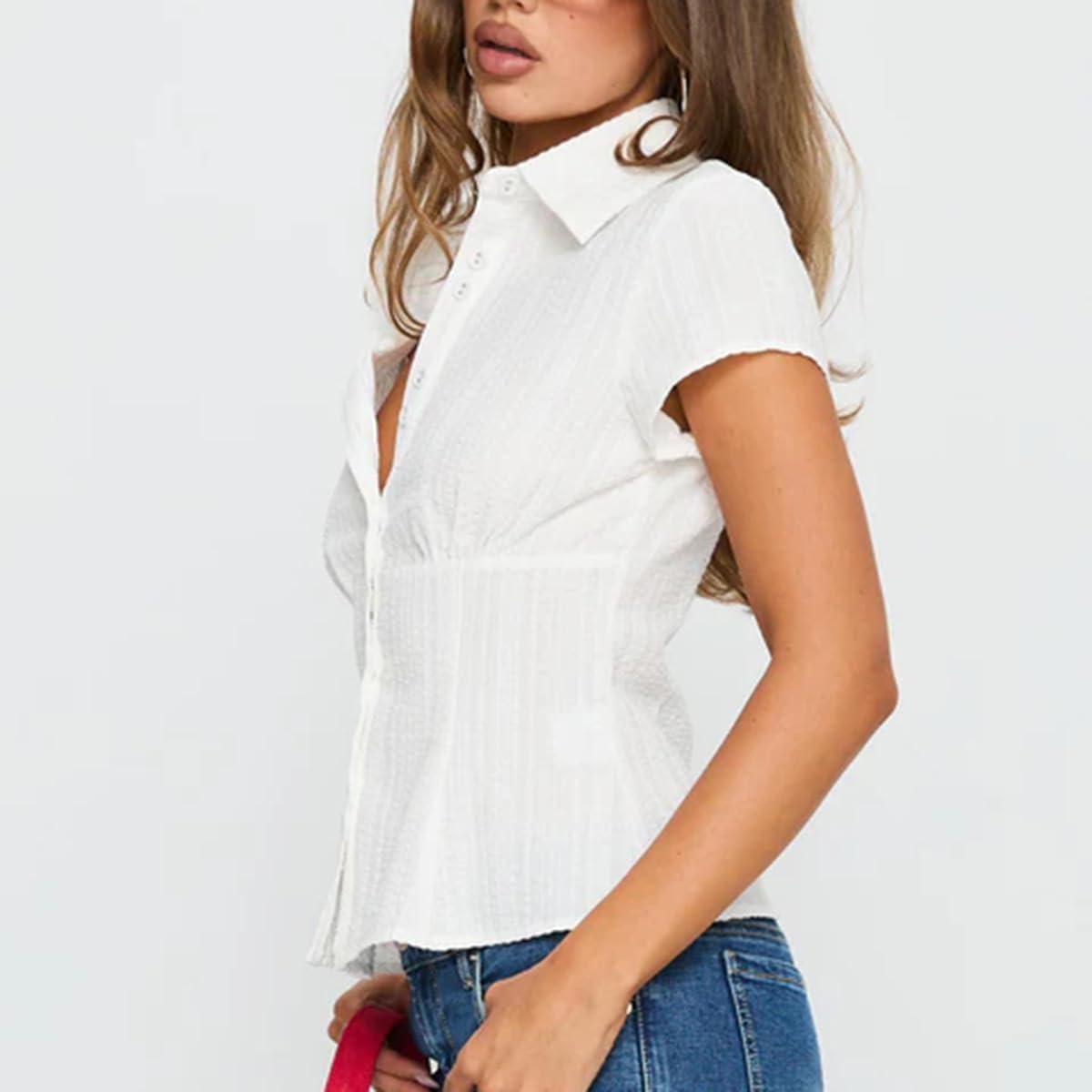 Women Y2K Button Down Shirt, Short Sleeve V-Neck Slim Fitted Blouse Coquette Going Out Top - Image 3