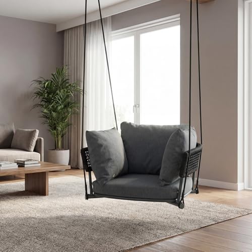 Image of Single Porch Swings Chair with Cushions, Hanging Rope Swing, Hanging Chair for Bedroom, Hammock Chairs Swing Indoor & Outdoor, Macrame Hanging Swinging, Patio, Balcony, Dark Grey