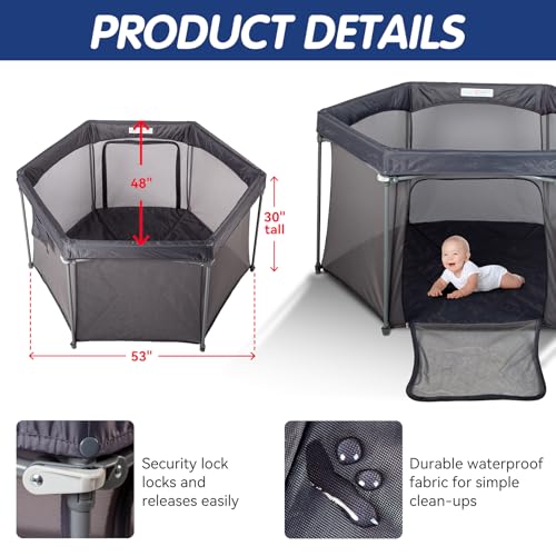 Image of Baby Playpen 53x53 Inch, Indoor /Outdoor Portable Play Yard No Extra pad Required with Breathable Mesh Walls, Enclosed Safe Space for Babies, Quick Foldable Playpen for Home Travel Park (Grey)