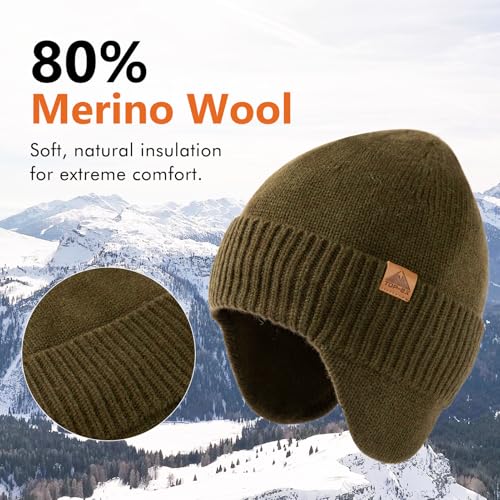 Image of TOP-EX DryKnit Unisex 80% Merino Wool Waterproof Beanie with Ear Flap Warm Winter Fleece Lined Beanie Hat M /L /XL