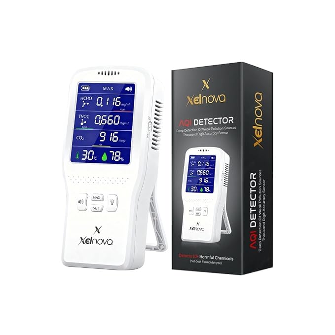 Portable Air Quality Detector for Commercial and Home Use, Detects TVOC, HCHO, CO2, Temp., Humidity and More in Real Time with 2000 mAh Rechargeable Battery & Advance Sensor | AQI Monitor