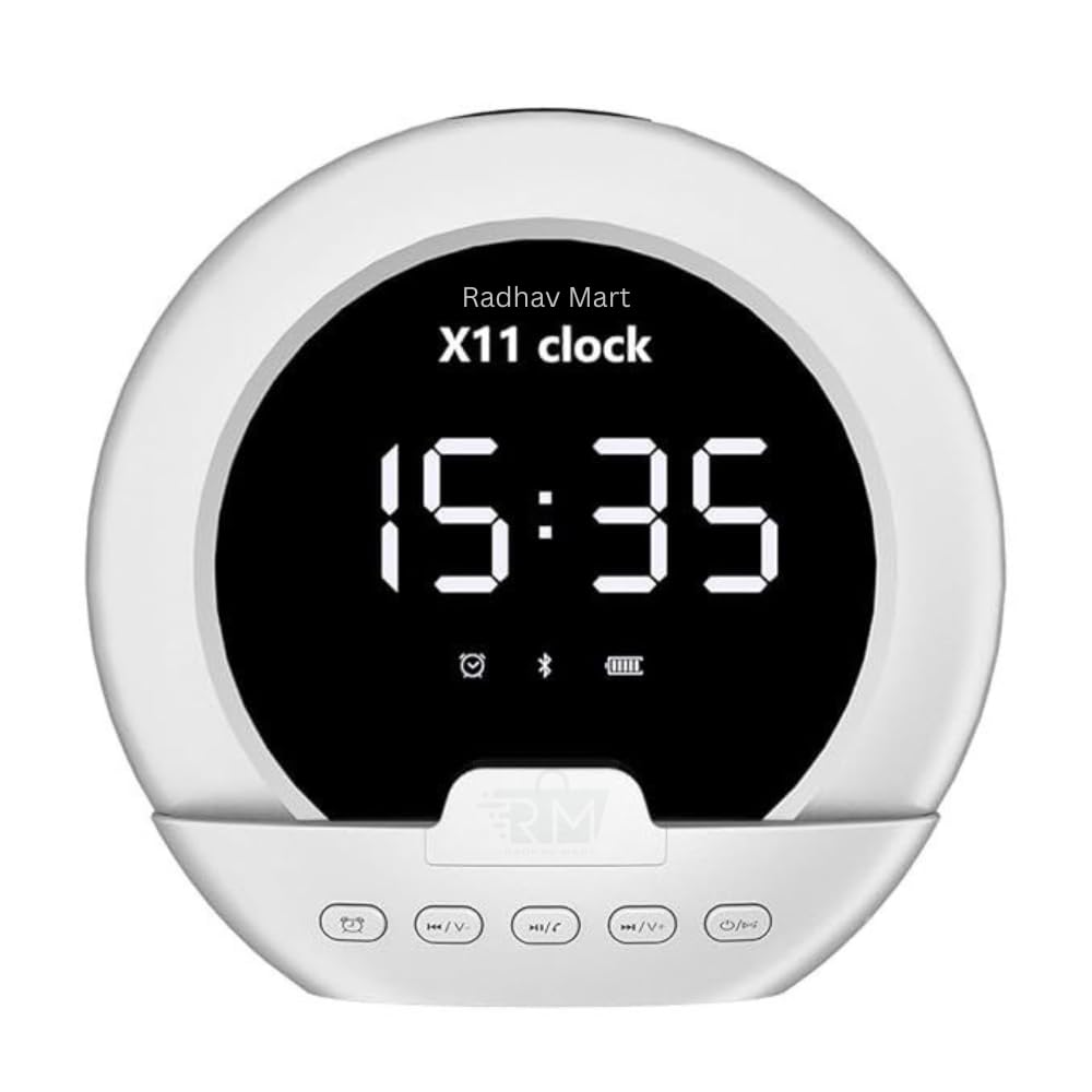 Radhav Mart Digital Alarm Clock for Students & Deep Sleepers — Compact LED Table Clock with Bluetooth Speaker, Phone Holder, Pen Stand for Bedroom, Study, Home Desk (Elliptical Shape, White)