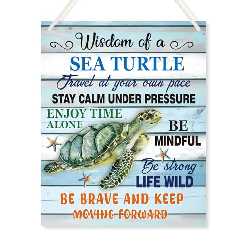 Sea Turtle Decor, Inspirational Sea Turtle Hanging Signs, Beach Theme Turtles Words of Wisdom Positive Wall Decor, Office Bedroom Living Room Home Creative Wall Art, 9.8 x 7.8 in