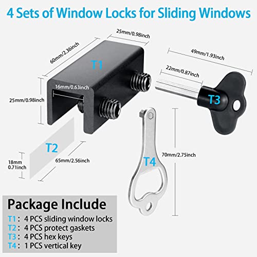 Window Locks,4 Sets Sliding Window Locks With Key For Vertical & Horizontal Sliding Windows Doors,Easv To Install,Adjustable Security Window Lock For Patio Bedroom Home And Office (Black) #TOP5