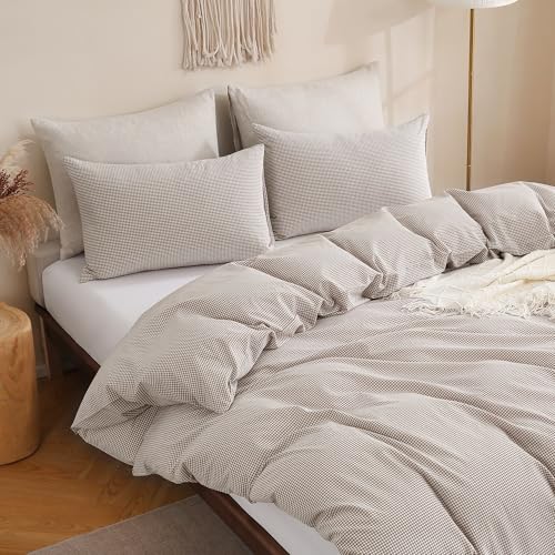 TOCOMOA Mini Gingham Tan Duvet Cover Bedding Set 100% Washed Cotton Like Linen Feel Super Soft Comfy 3 Piece Brown Small Plaid Checkered Fall Comforter Cover Set (Full 80"x90", Comforter Not Included) — view 4