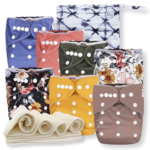 Image of Nora's Nursery Cloth Diapers 7 Pack with 7 Inserts & 1 Wet Bag - Waterproof Cover, Washable, Reusable & One Size Adjustable Pocket Diapers for Newborns and Toddlers - Harlow