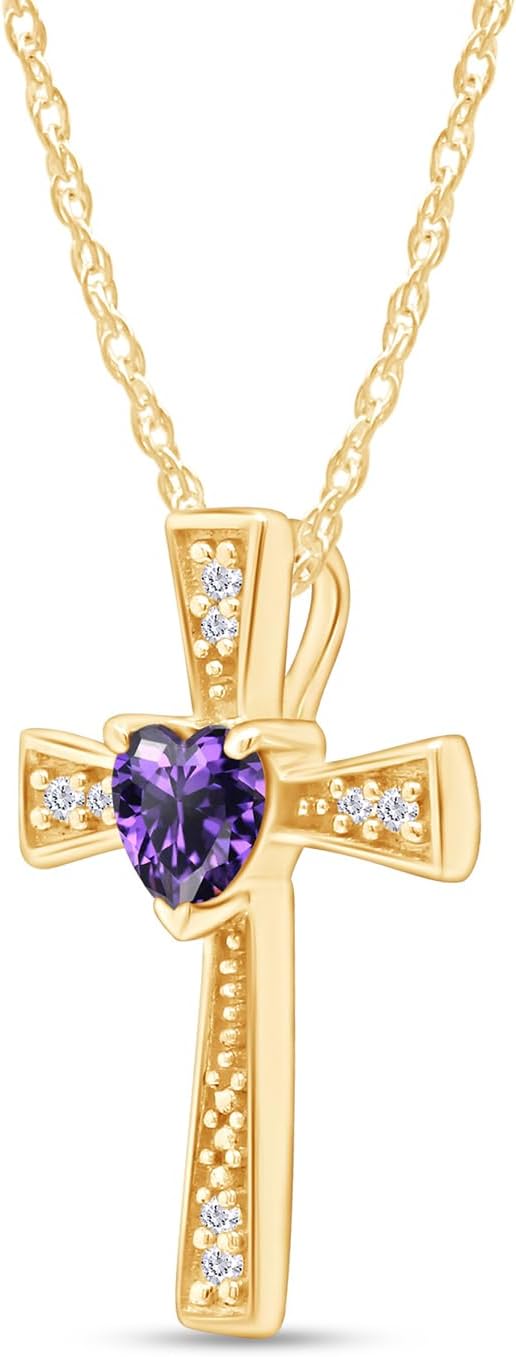 AFFY Center 4MM Heart Cut Simulated Amethyst with White Cubic Zirconia Cross Pendant Necklace in 14k Gold Over Sterling Silver, 18" Chain