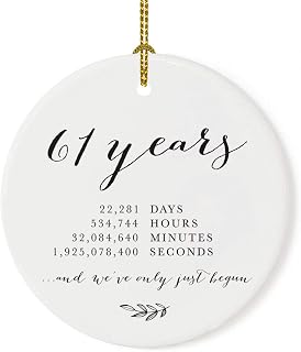 Andaz Press Round Porcelain Ceramic 61st Wedding Anniversary Christmas Tree Ornament Gift, 61 Years, 22281 Days, 534744 Hours, 32084640 Minutes, 1925078400 Seconds, 1-Pack, Inc Gift Box