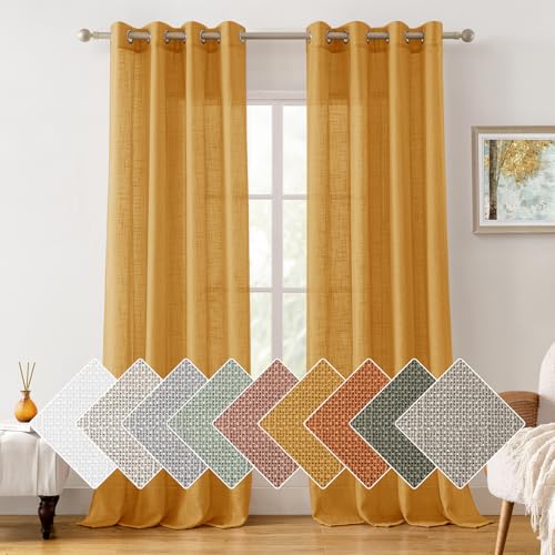 HOMEIDEAS Yellow Linen Textured Sheer Curtains, 84 Inches Long 2 Panels Semi Sheer Curtains Farmhouse Window Drapes for Bedroom Living Room, 2 Panels, W52 x L84