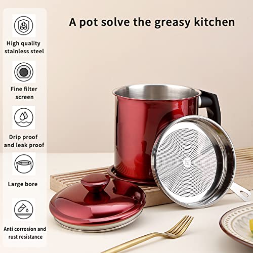 Image of Kyraton Bacon Grease Container With Strainer,48 Oz Metal Shining Red Stainless Steel Oil Container,Pot Fat Storage With Lid,Easy Grip Handle Suitable For Storing Frying Oil & Cooking Grease,40x17x7 cm