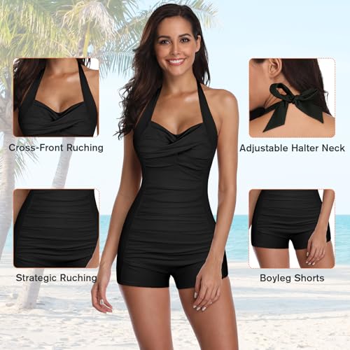 Fashion Womens Vintage Athletic Swimsuits Push Up Tummy Control One Piece Plus Bathing Suit Boyshort Swimwear (XL (US Size 6-8), Vintage Red)