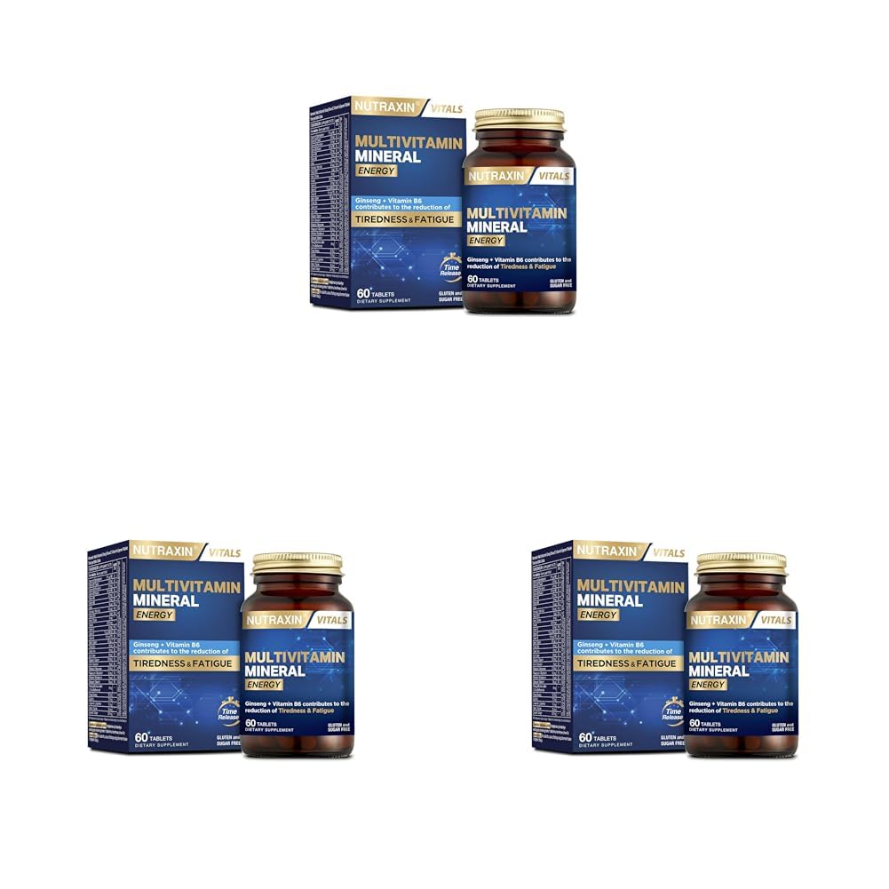Nutraxin Multivitamin Mineral Energy – Ginseng, CoQ-10, L-Karnitin, Taurin ve 24 Vitamin-Mineral İçeren Enerji Destek Tableti – 60 Tablet – Vegan (3 paketi)