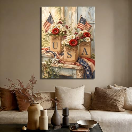 Image of Patriotic Wall Art Canvas Prints Pictures, 4th of July Americana Artwork Rustic USA Flag Floral Decor Independence Day Decorations for Home, Farmhouse Wall Decor for Living Room Bedroom Office