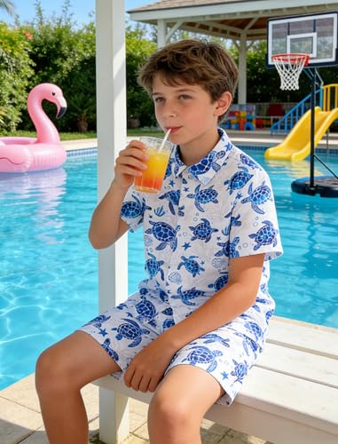 Image of UNICOMIDEA Boys Hawaiian Outfits Tropical Print Button Down Shirt + Swim Trunks 2 Piece Sets for 5-12T Kids