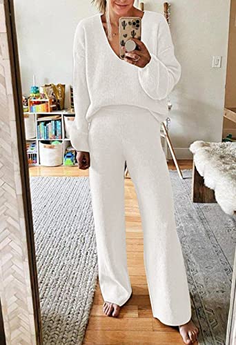 Image of Viottiset Women's 2 Piece Outfits Casual V Neck Knit Wide Leg Sweater Lounge Set Sweatsuit
