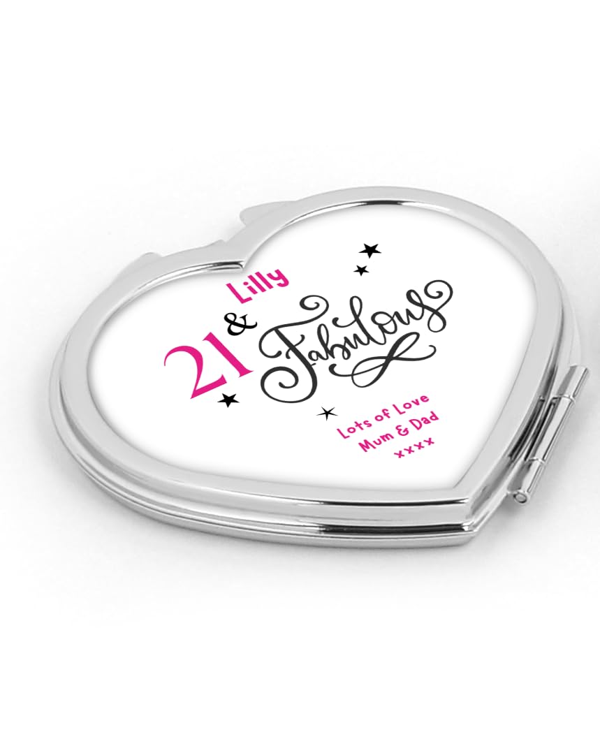 Silver 21St Birthday Gift For Her - Personalised 21 & Fabulous Heart Shaped Compact Mirror Gift For 18Th 21St 30Th 40Th Birthday
