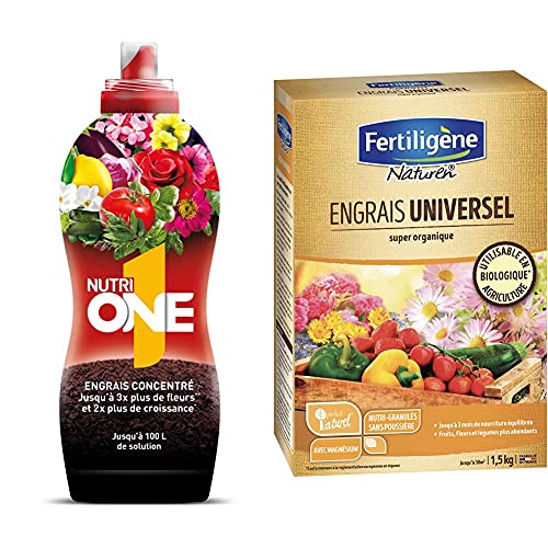 NUTRIONE ONELI1 Engrais Premium Liquide Universel 1L Luxuriantes | pour Toutes Plantes et Fleurs, Croissance Equilibrée & Naturen Engrais Universel Super Organique 1,5kg Cover