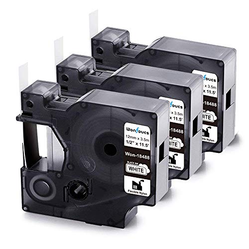 Wonfoucs Ruban pour Étiqueteuse Compatible pour Dymo Rhino 18488 Compatible avec Rhino 1000 3000 4200 5000 5200 6000, 12mm x 3.5m(Pack de 3, Noir sur Blanc, Ruban Industriel en Nylon)