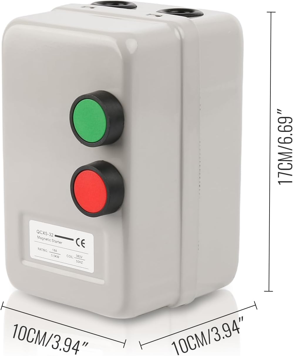 Dimensions of the Magnetic Electric Motor Starter: 17cm/6.69 inches height, 10cm/3.94 inches width, 10cm/3.94 inches depth.
