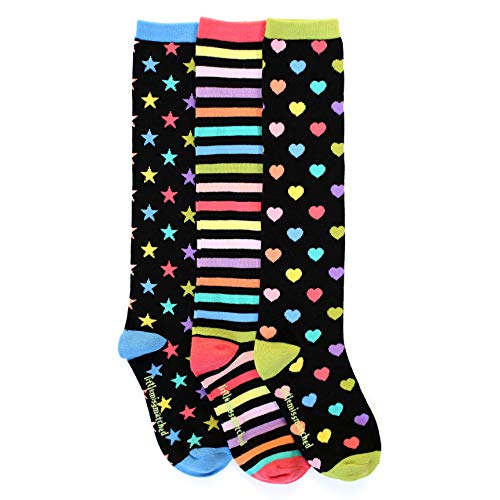 LittleMissMatched Black Zany Stars Stripes Hearts Knee High Socks - 3 Socks (Kids 6-2, Black)