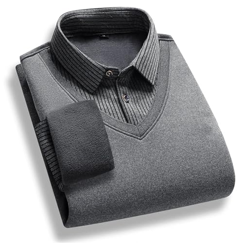 Men's Fleece Lined Sweater Polo Collar Pullover Tops Fake Two Piece Business Pullovers Thick Clothes3