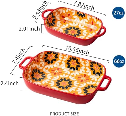 ONCCI Ceramic Baking Dish Set, 2-Piece Hand-painted Porcelain Rectangular Bakware set with Handles,Large 10.55"L*7.4"W and 7.87"L*5.4"WSmall Casserole Dish for Oven/Cooking/Kitchen(Golden Orange) - Thumbnail 3