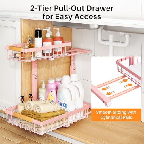 Image of PXRACK Under Sink Organizer, Adjustable Height, 2 Tier Pull Out Under Cabinet Organizer, Slide Out Thickened Metal Under Sink Storage for Kitchen Bathroom Laundry Pantry Cabinet, Pink, Large-1-Pack