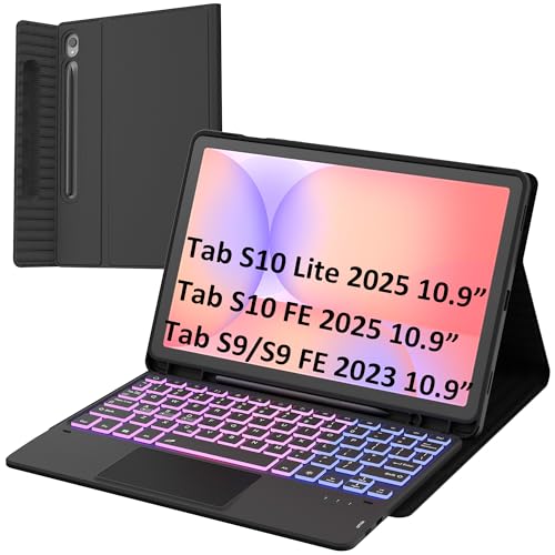 for Samsung Galaxy Tab S10 Lite/S10 FE/S9 FE 10.9'/S9 11' Keyboard Case: 3 Zone 7 Colors Backlit Trackpad Keyboard for 10.9-inch S10 Lite Tablet - Detachable Wireless Key Board Cover with Pen Holder