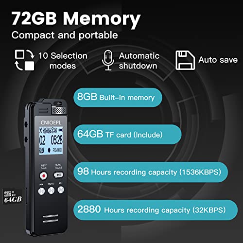 72Gb Digital Voice Recorder 1536Kbps 5148H Recording Capacity 24H For Recording 45H For Playback, Upgraded Voice Activated Recorder For Lectures Meetings With Playback And Line In/Noise Reduction #TOP1