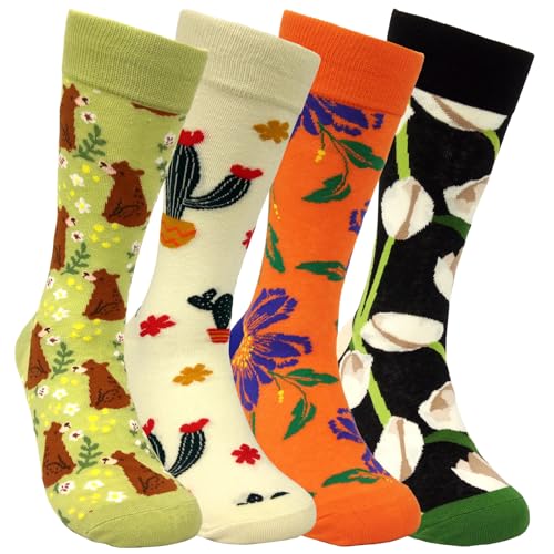 Image of HSELL Womens Novelty Socks with Colorful Flower Design Fancy Gift for Mom Lady Breathable Cotton Socks for Daily Wear